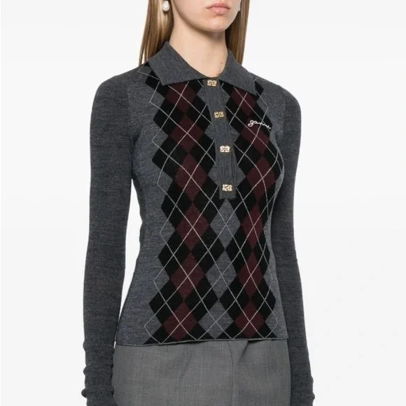 Ganni Sweaters Ganni Knitted Argyle Polo Top Charcoal Grey